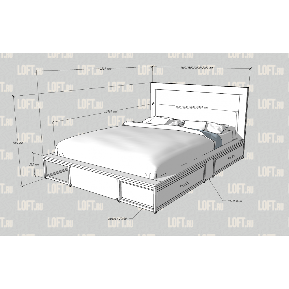 Кровать лофт Анкора 21 +2 ящика с изголовьем
